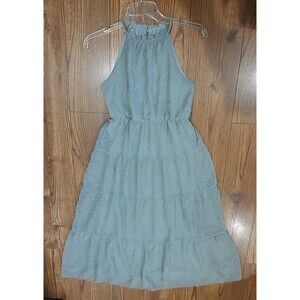 Women Flowy Tiered Maxi Dress Sage Mint Halter Top Swiss Dot Boho Size 14 XLNT